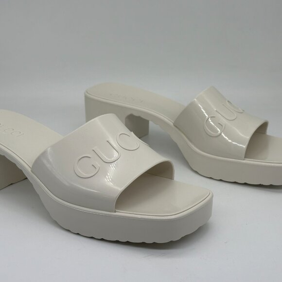 Gucci Double GG Logo Rubber Platform Block Heel Mules Slides Sandals Shoes - Picture 12 of 16